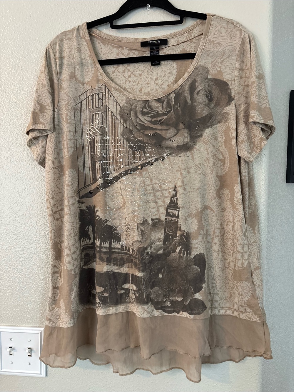 Style & Co. Beige Paisley Floral Graphic Short-Sleeve Tunic with Sheer Hem
